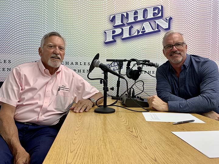 Steve Ciepiela Mark Smith with microphones and The Plan podcast background