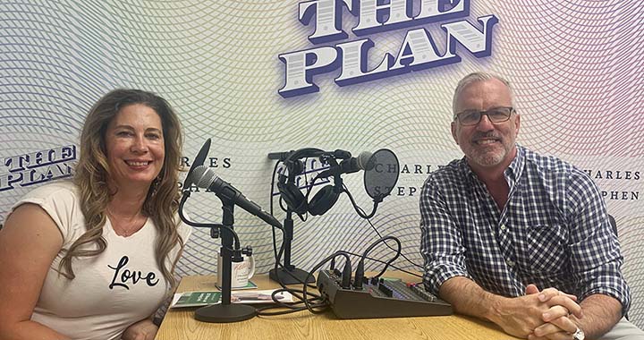 Kelly Famiglietta and Mark Smith with microphones and The Plan podcast background